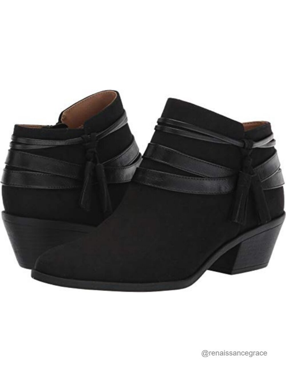 Suede Ankle Bootie Block Heel Side Zip Tassels Microsuede Lining